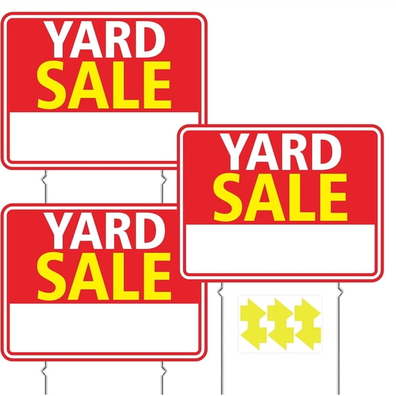 Yard Sale Signs 3 Pack 17"x13"  Double Sided Yard Sale Signs with Metal Stakes Weatherproof Corrugated Plastic Includes Directional Arrow Stickers