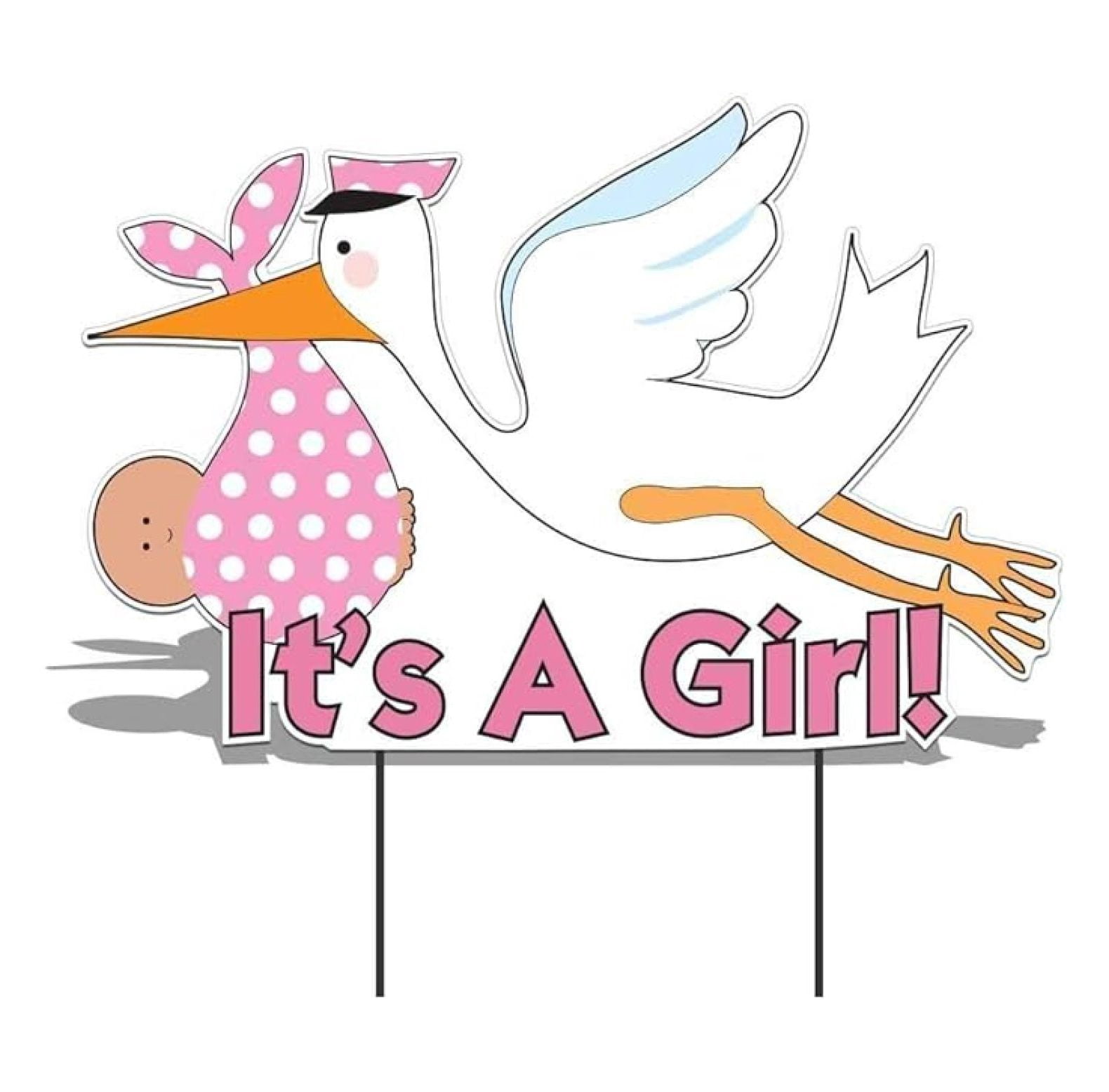 Yard Sign Outdoor Lawn Decorations - It's a Girl” Die Cut Stork, Baby Announcement Yard Sign (Medium Skin Toned Baby)