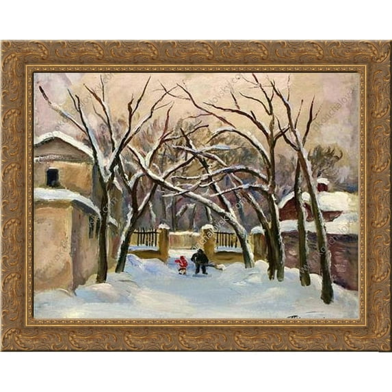 Yard of Samarins' House on Spiridonovka 24x20 Gold Ornate Wood Framed Canvas Art by Pyotr Konchalovsky