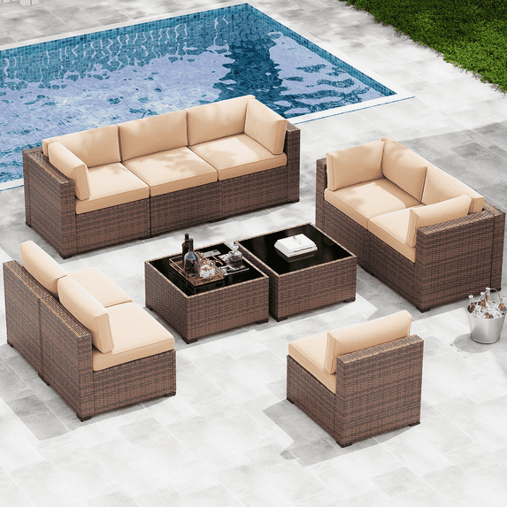 Dateyes 10-Piece Outdoor Patio Sectional Sofa Set, All-Weather Wicker Rattan Furniture with Coffee Table (Beige)