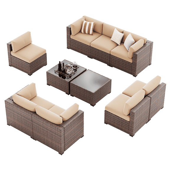 YardCache 10-Piece Outdoor Patio Sectional Sofa Set, All-Weather Wicker Rattan Furniture with Coffee Table & Waterproof Cover (Beige)