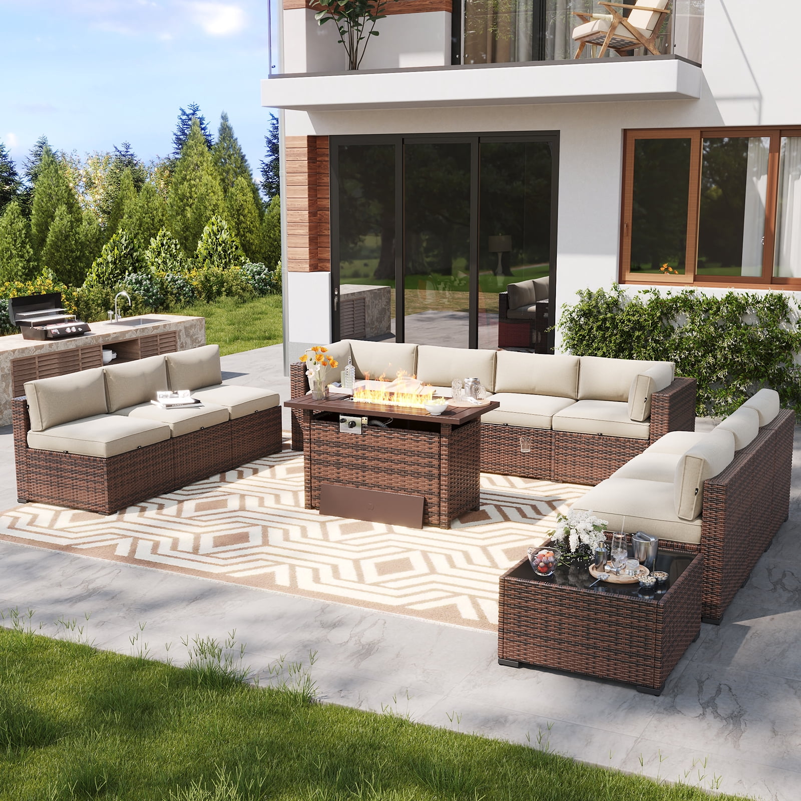YardCache 12-Piece Outdoor Patio Furniture Set with 44" Fire Pit Table, All-Weather Wicker Rattan Sectional Sofa with Coffee Table & Cover (Off-White)