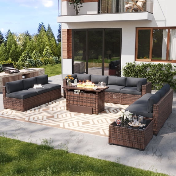 Dateyes 12-Piece Outdoor Patio Furniture Set with 44" Fire Pit Table, All-Weather Wicker Rattan Sectional Sofa with Coffee Table(Grey)