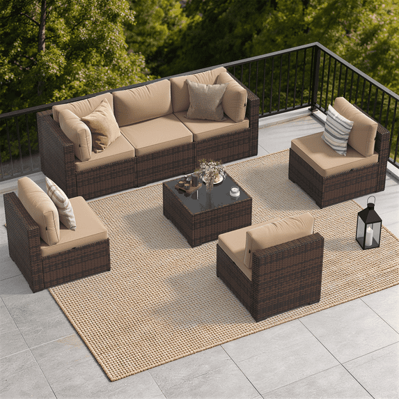 Dateyes 7-Piece Outdoor Patio Sectional Sofa Set, All-Weather Wicker Rattan Furniture with Coffee Table & Waterproof Cover (Beige)