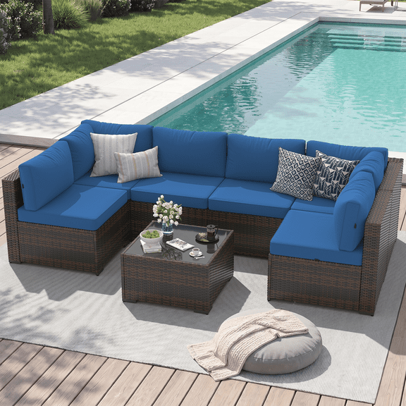 Dateyes 7-Piece Outdoor Patio Sectional Sofa Set, All-Weather Wicker Rattan Furniture with Coffee Table (Blue)