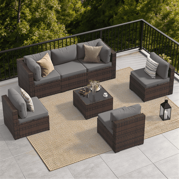 Dateyes 7-Piece Outdoor Patio Sectional Sofa Set, All-Weather Wicker Rattan Furniture with Coffee Table & Waterproof Cover (Grey)