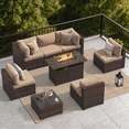 thumbnail image 1 of Dateyes 8-Piece Outdoor Patio Furniture Set with 44" Fire Pit Table, All-Weather Wicker Rattan Sectional Sofa with Coffee Table & Cover (Beige), 1 of 8
