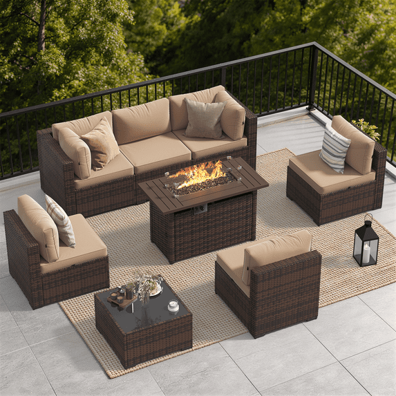 Dateyes 8-Piece Outdoor Patio Furniture Set with 44" Fire Pit Table, All-Weather Wicker Rattan Sectional Sofa with Coffee Table & Cover (Beige)