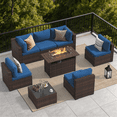 thumbnail image 1 of Dateyes 8-Piece Outdoor Patio Furniture Set with 44" Fire Pit Table, All-Weather Wicker Rattan Sectional Sofa with Coffee Table & Cover (Blue), 1 of 8