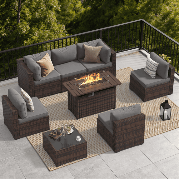 YardCache 8-Piece Outdoor Patio Furniture Set with 44" Fire Pit Table, All-Weather Wicker Rattan Sectional Sofa with Coffee Table & Cover (Grey)