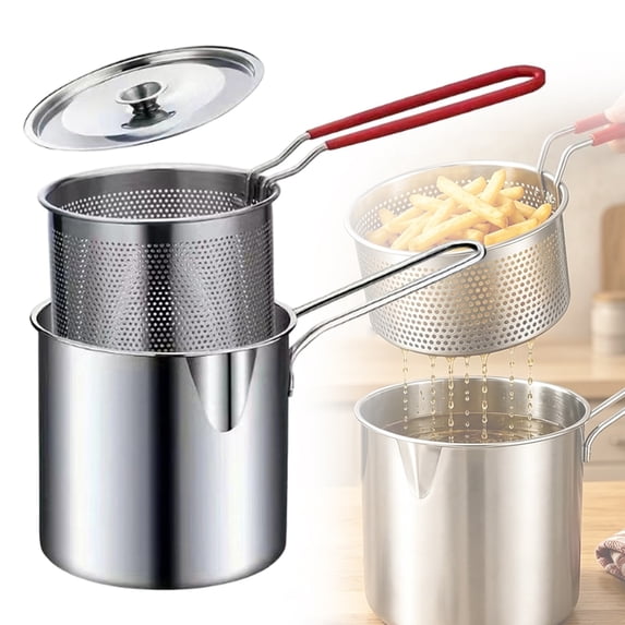 YardChic 1.2L Stainless Steel Deep Fryer Pot with Basket & Strainer and Lid, Oil Filter Pot, Stainless Steel Deep Fryer Pot for Fries, Chicken, Home Kitchen Cooking and Camping Meal Preparation