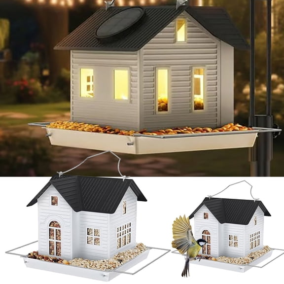 YardChic 1Pc Battery Bird Feeders for Outdoors Hanging, Plastic Bird House Feeder with Battery Powered Lantern Light, Garden Decor for Outside Garden, Unique Gifts for Mom, Grandma, Christmas