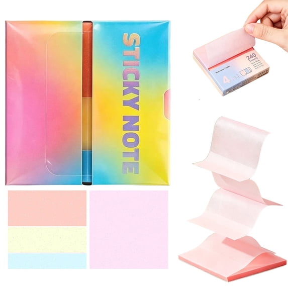 YardChic 1Pc Lined Transparent Sticky Notes, 240 Sheets Waterproof Writing Sticky Notes, Rainbow Color Transparent Label Sticky Notes for Office Classroom Supplies Bible Annotation Markers Tabs
