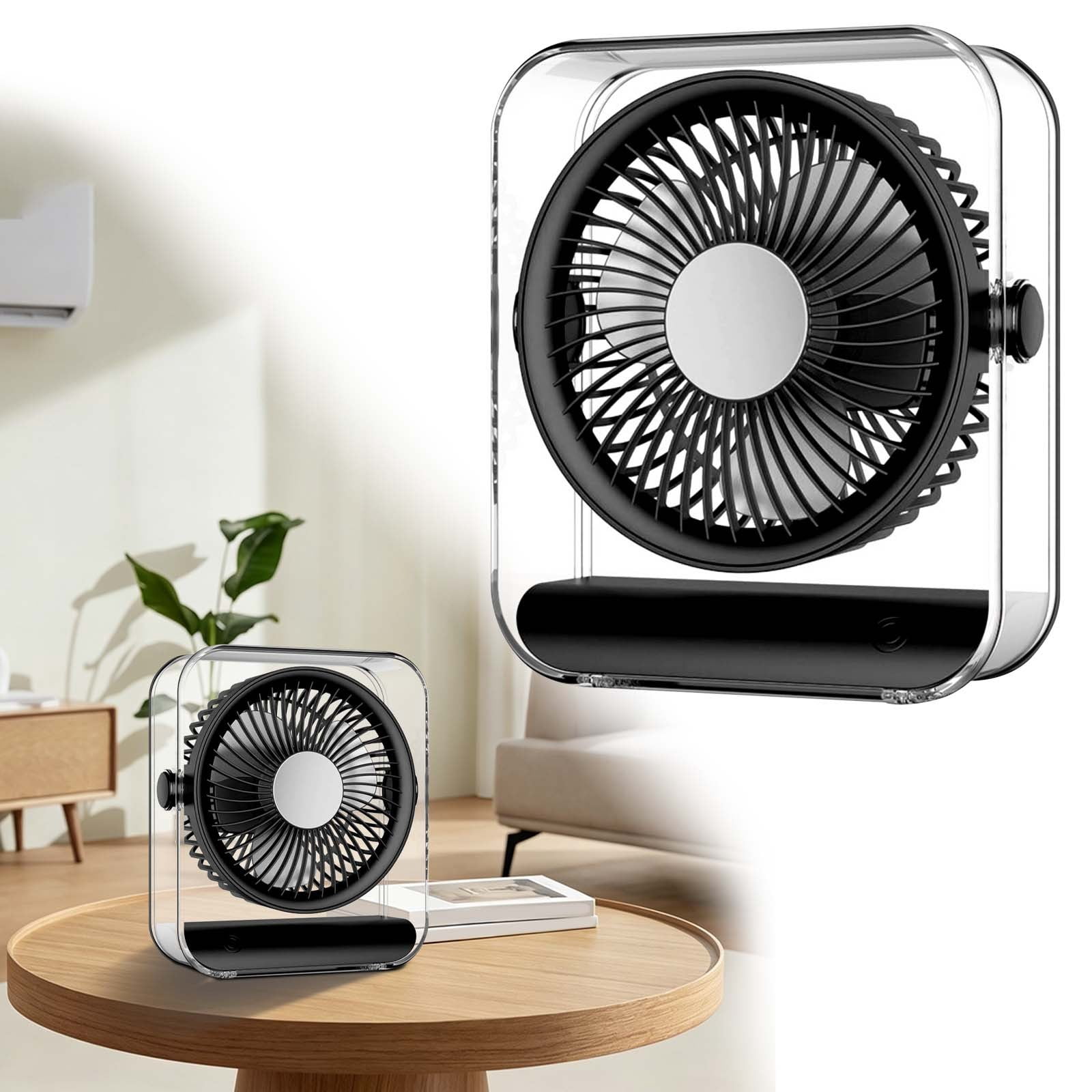 YardChic 1Pc Portable Desk Fan, Transparent USB Rechargeable Desk Fan, Ultra Quiet Battery Powered Table Fan, Rechargeable Air Circulator Fan for Bedroom Cooling, Dorm, Home, Kitchen