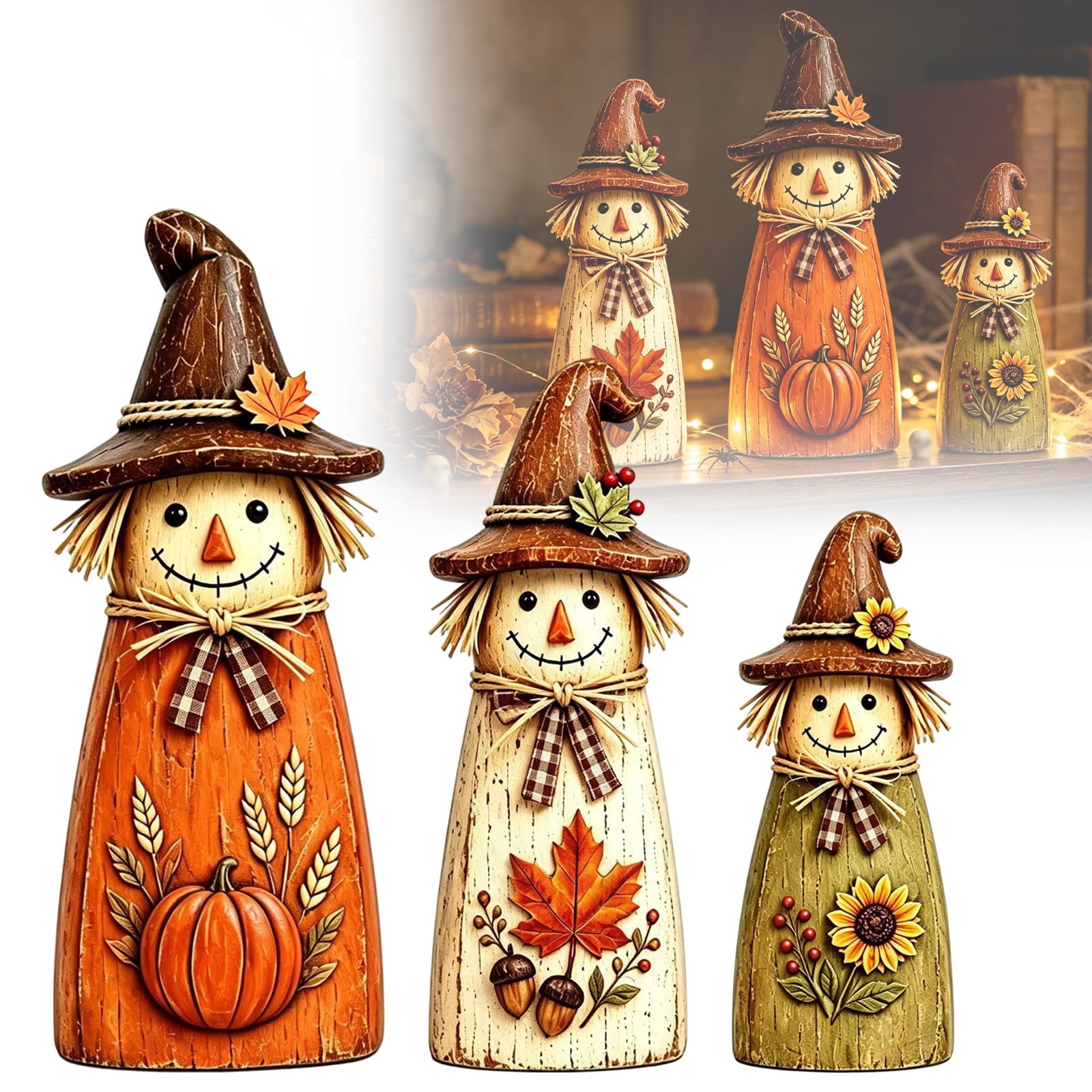 YardChic 3 Pack Thanksgiving Scarecrow Wooden Decor, Harvest Wooden Rustic Wooden Scarecrow Ornaments, Fall Tiered Tray Autumn Table centerpiece Wood Standing Signs for Halloween Home Decoration