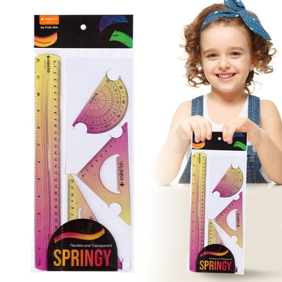 YardChic 4Pcs Rulers, Flexible Gradient Ruler Set, 12 Inchs Soft Plastic Geometry Ruler Kit with Triangle Ruler, Protractor, Straight Ruler, Rulers & Protractor Measuring Tools for Classroom
