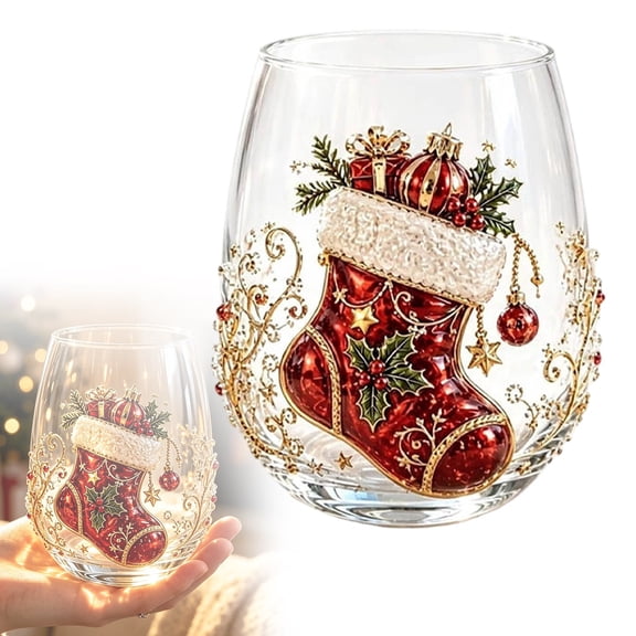YardChic Christmas Tree Stemless Wine Glasses, 3D Christmas Embossed Glass Cup, 3D Santa Stemless Wine Glasses, Drink Glass Mugs for Cheers Christmas Party Event Supplies Kitchen Decorations Gift