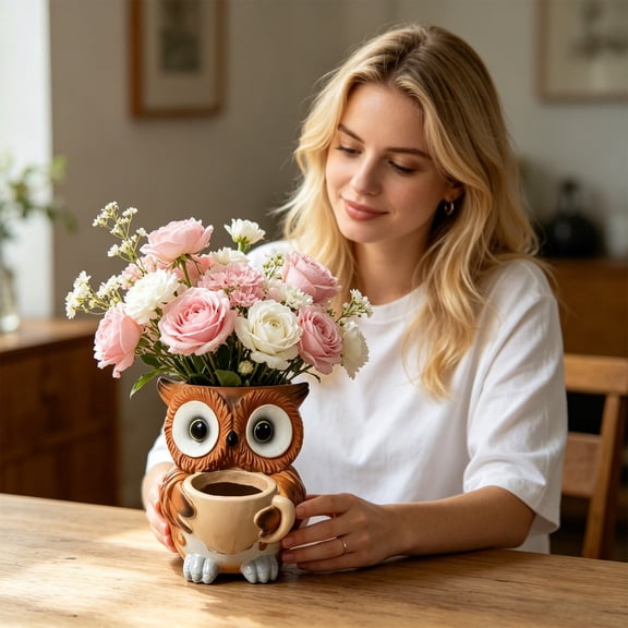 YardChic Cute Owl Planter, Owl Succulent Pots Planter, Small Funny Succulent Pots Planter, Unique Decorative Animal Statue Ceramics Plant Pot with Drainage for Indoor, Outdoor Home Office