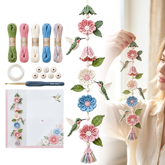 YardChic DIY Garden Crochet Kit, Wobbles Knitting Kit, Flower And Bird Hanging Ornament Craft Set, Complete With Yarn, Hook, Beads And Tutorial, Wall Window Hanging Crochet Kit For Beginners