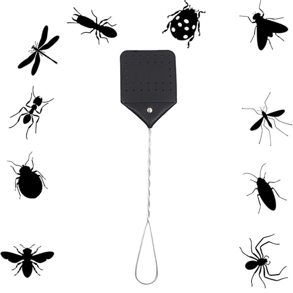 YardChic Leather Fly Swatter, Fly Swatters with Long Wire Handle and Hanging, Leather Fly Swatter Handcrafted for Indoor and Outdoor Racket Mosquito, Home Essentials, 17.2x4.2 Inch, Black