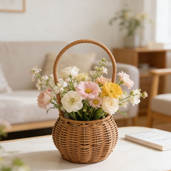 YardChic Natural Handmade Tree Bucket Planter, Charming Rattan with Waterproof Lining, Small Wicker Basket with Handle for Wedding Flower Petals, Confetti, Candy, Gift, Storage & Home Decor