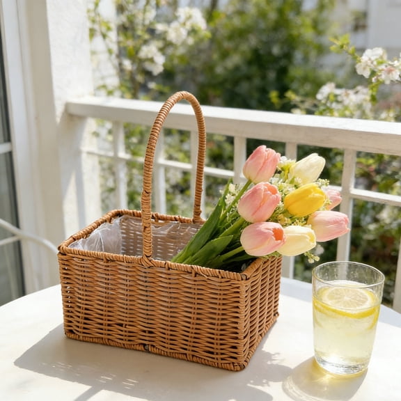 YardChic Natural Handmade Tree Bucket Planter, Charming Rattan with Waterproof Lining, Small Wicker Basket with Handle for Wedding Flower Petals, Confetti, Candy, Gift, Storage & Home Decor