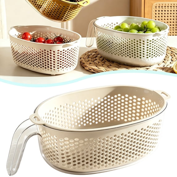 YardChic Plastic Food Strainer, Double Layer Deepened Thick Drain Basket, Fast Draining Holes Sturdy Multifunctional Washing Organizer for Fruits, Vegetables, Pasta, Kitchen