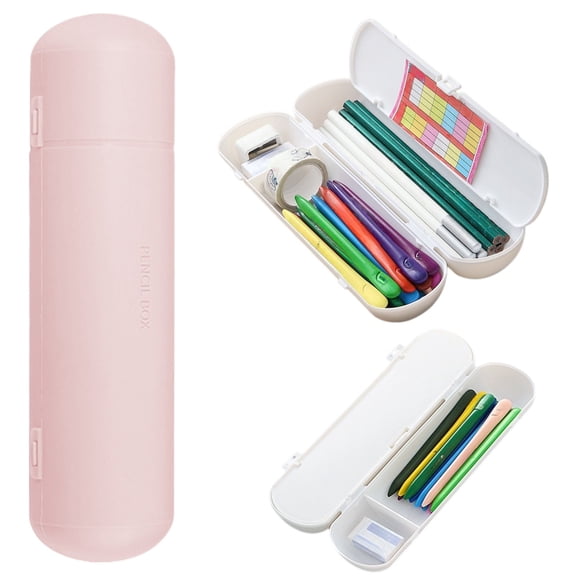 YardChic Plastic Round Pencil Box, Double Layer Pencil Case, Large Capacity Plastic Pencil Boxes with Snap-Tight Lid for Pens, Pencils, Classroom Supplies, Office Essentials, Pink