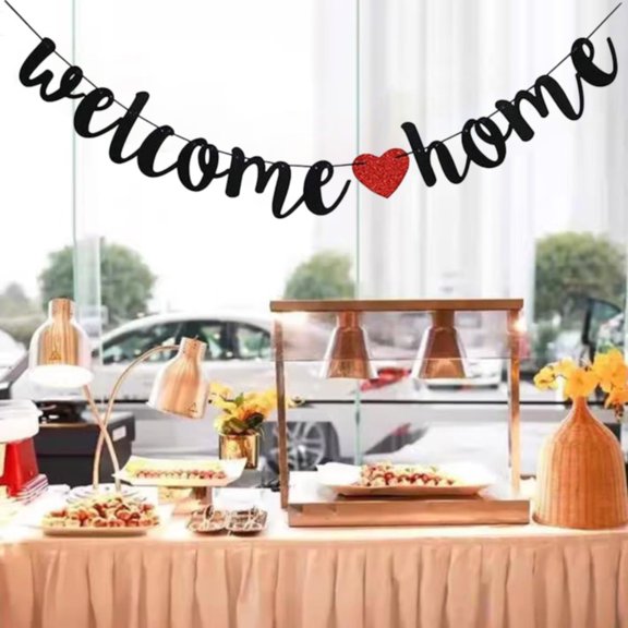YardChic Pre-Strung Welcome Home Banner with Glitter Hearts, Patriotic Black Glitter Home Party Sign Decors Banner Welcome Back Party Decorations Military Army Homecoming Family Theme Party Supplies