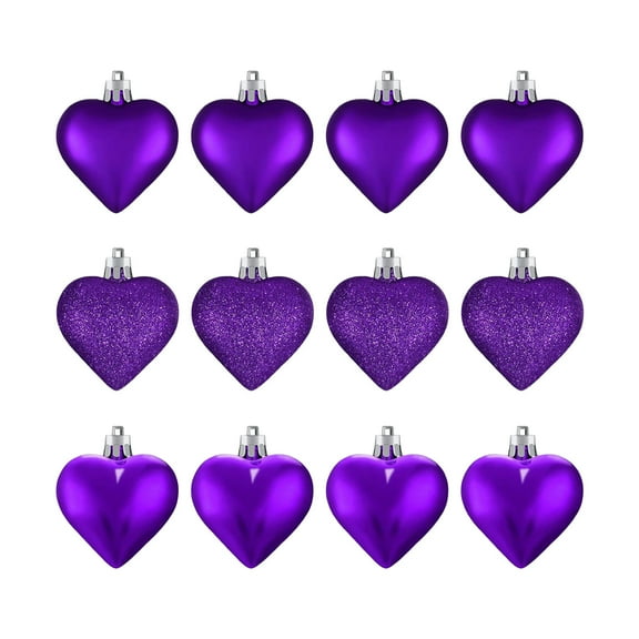 YardVibe 12 Pieces Christmas Heart Ornaments, Heart Shaped Decorations Tree Hanging Baubles for Xmas Valentine Wedding Anniversary, 3 Styles (Purple)