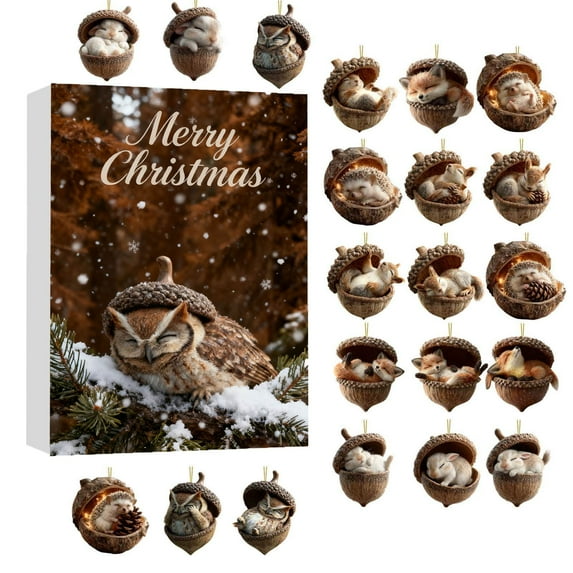 YardVibe 2025 Forest Animal Acorn Ornaments Christmas Advent Calendar,Cozy Forest Christmas Ornaments,Pinecone Animal Ornament for Christmas Tree Decoration,2D Acrylic Forests Animals Decoration (B)
