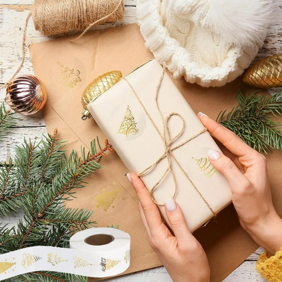 YardVibe 500 Pcs Clear Christmas Stickers Roll Gold Foil Xmas Tree Seal Stickers Self-Adhesive Label Decals for Holiday Envelope Invitations Cards Gift Decor, Gold