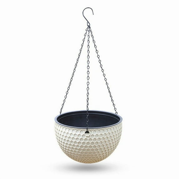 YardVibe 6.5 inch Hanging Planters for Indoor Outdoor Plants, Hanging Flower Pots with Drainage Holes and Chain for Garden Porch Plants, Round Plastic Hanging Baskets for House Plants, Beige