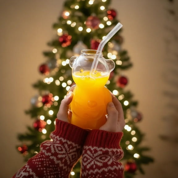 YardVibe Bear Glass Cup with Straw, 2025 New Bear Straw Cup, Juice Milk Tea Smoothies Infused Water Beverage, Home Bar and Office Use,Christmas Gift Cup