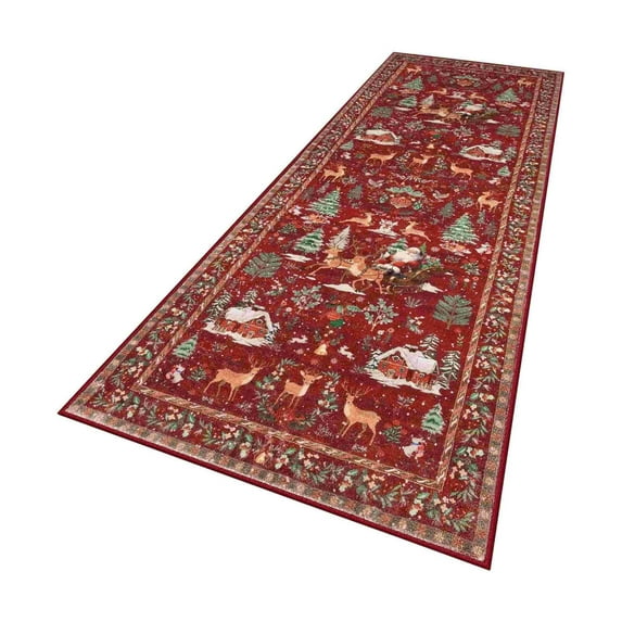 YardVibe Christmas 20x50 Green Area Rug for Living Room, Washable Rugs for Bedroom Dining Nursery Room Office, Low Pile Non Slip, Christmas Tree Santa Claus Print Holiday Carpet Home Décor (A)