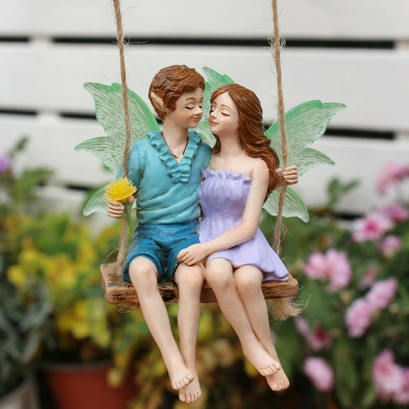 YardVibe Garden Swing Fairy Couples Statue, Glow in The Dark Fairies Micro Landscape Ornaments, Fairy Swing Couple Figurines Flower Pot Decor, Wedding Valentine's Day Fairy Garden Decoration