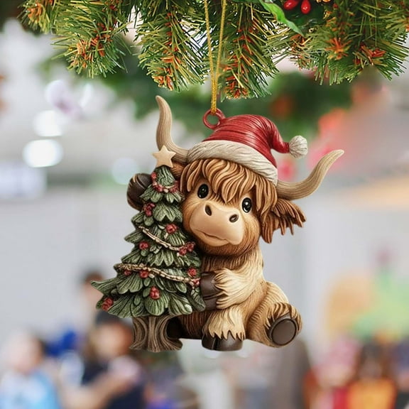 YardVibe Highland Cow Pendant, Cow Ornaments for Christmas Tree, Mini Cows Highland Cow with Christmas Tree Acrylic Cartoon Highland Cow Hanging Decorations for Small Tree Home Cars Backpack Dcor