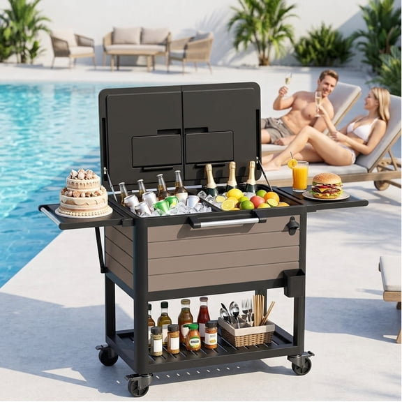 Yardgrace 104 Qt Rolling Ice Chest Cooler Cart, Outdoor Patio Beverage Bar Cart on Wheels with Foldable Shelves, Bottle Opener & Cap Catcher, Brown
