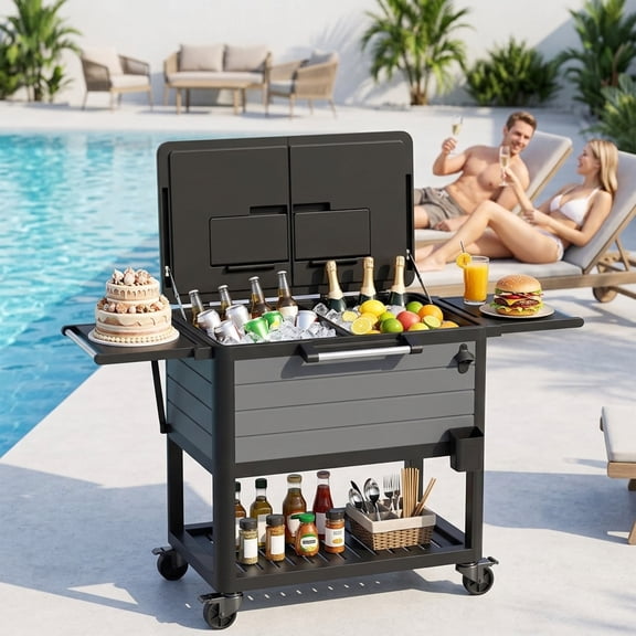Yardgrace 104 Qt Rolling Ice Chest Cooler Cart, Outdoor Patio Beverage Bar Cart on Wheels with Foldable Shelves, Bottle Opener & Cap Catcher, Gray
