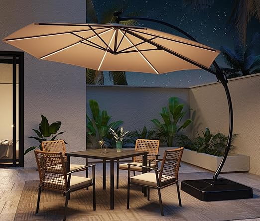 Yardgrace 11FT Patio Umbrella with Lights and Base, Large Offset Cantilever Umbrella with 360°Rotation for Patio, Pool, Garden and Backyard (Champagne)