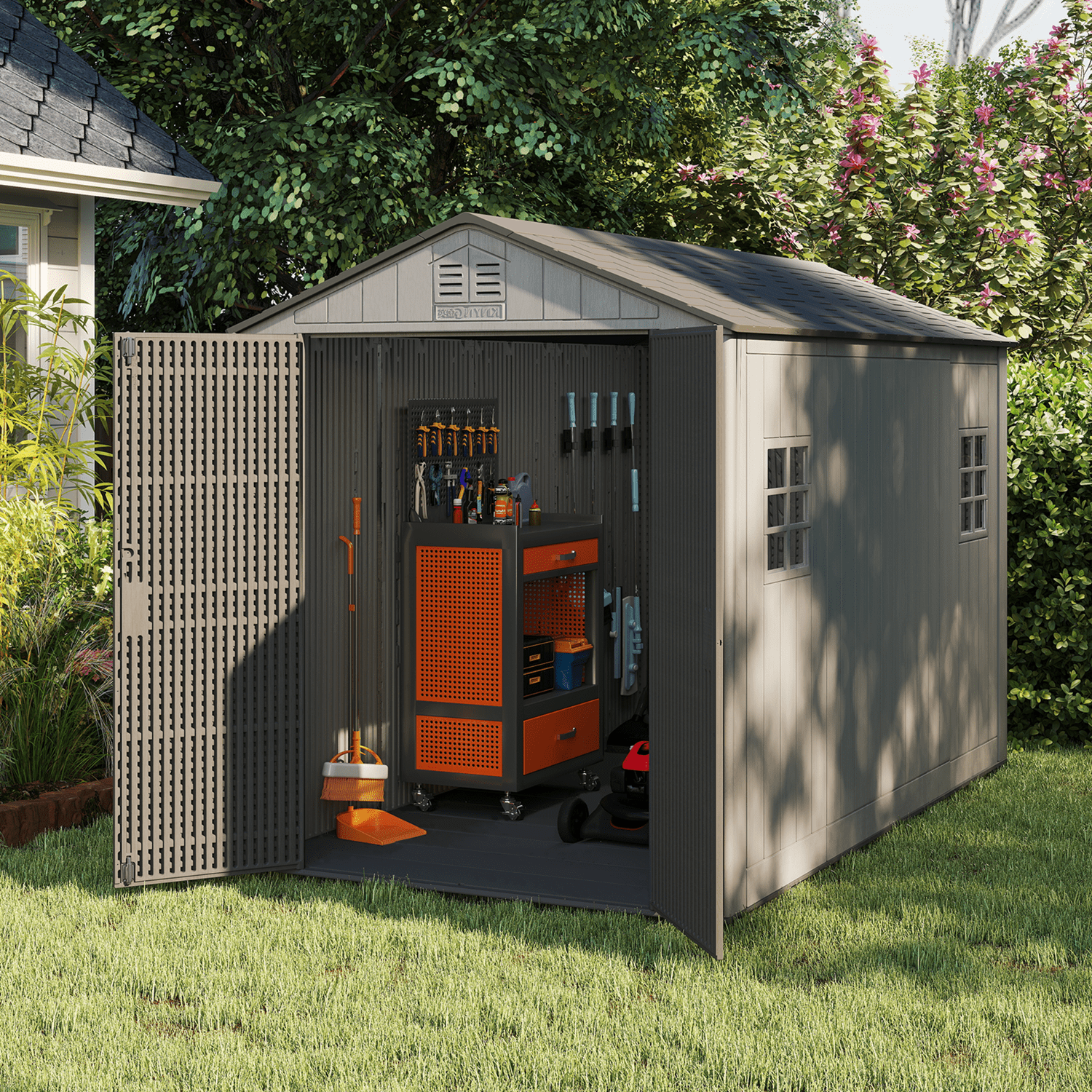 Yardgrace 11x6 Ft Resin Storage Shed with Window & Lockable Door, Double-Layer Plastic Tool Shed with Floor for Tools, Backyard, Patio, Gray