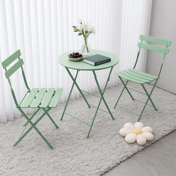 Yardgrace 3-Piece Folding Bistro Set, 2 Chairs and 1 Table, Metal, Weather-Resistant Outdoor/Indoor Conversation Set for Patio, Yard, Garden, Green