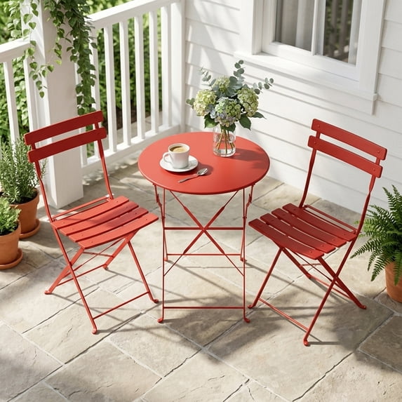 Yardgrace 3-Piece Folding Patio Bistro Set, Small Metal Outdoor Table and 2 Chairs Set, Weather-Resistant Balcony Furniture, No Assembly Required, Red