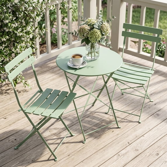 Yardgrace 3-Piece Folding Steel Patio Bistro Set, 2 Chairs and Table, Pea Green