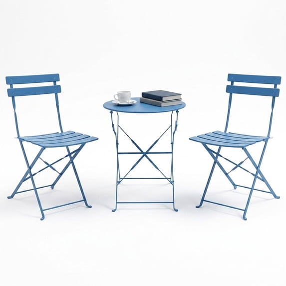 Yardgrace 3-Piece Folding Steel Patio Bistro Set, 2 Chairs and Table, Peacock Blue