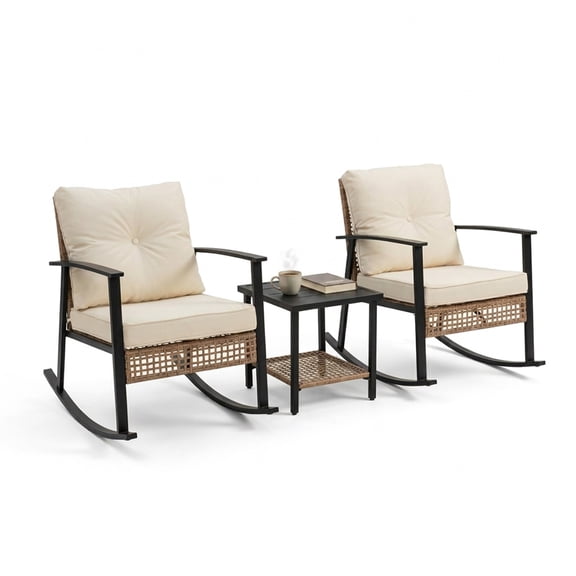 Yardgrace 3 Piece Outdoor Rocking Chairs Bistro Set with 2 Rattan Rocking Chair and 1 Table, Patio Conversation Bistro Set, Beige