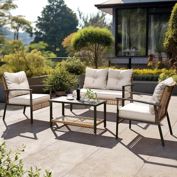 Yardgrace 4-Piece Patio Conversation Set, Oversized Outdoor Wicker Furniture Set with Cushioned Lounge Chairs, Loveseat and Metal Coffee Table for Garden, Beige