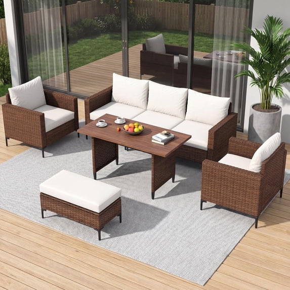 Yardgrace 5-Piece Outdoor Patio Furniture Set, PE Wicker Sectional Conversation Sofa with Storage Ottoman, Wood Table with Umbrella Hole, Beige for Backyard Garden