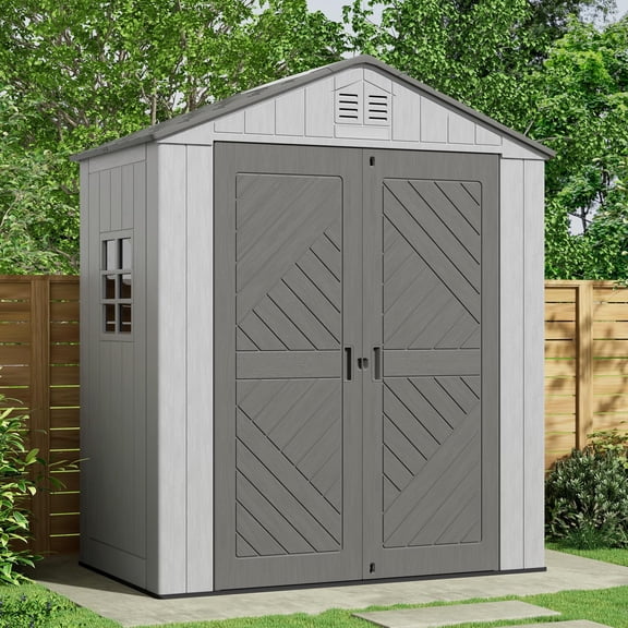 Yardgrace 6x4 FT Resin Outdoor Storage Shed with Integrated Floor, Gable Roof Plastic Garden Tool Shed with Vents, Window & Lockable Door for Backyard Patio Lawn Mower, Grey