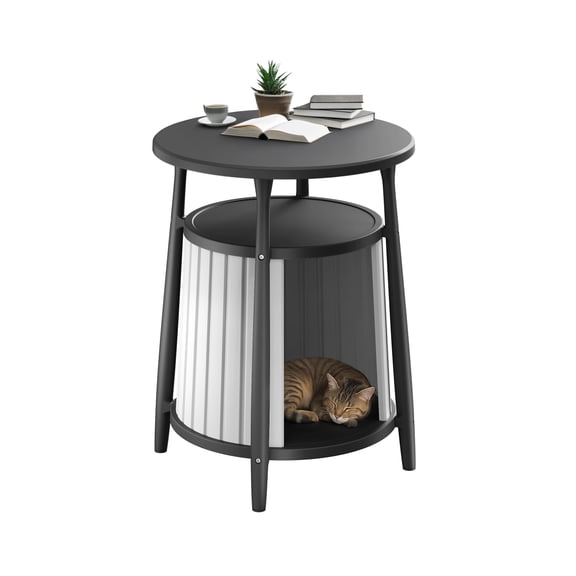 Yardgrace Cat Litter Box Furniture & Indoor Cat House, Resin Round Side End Table Pet Shelter, Tool-Free Assembly, 17.72" x 23.54", Black